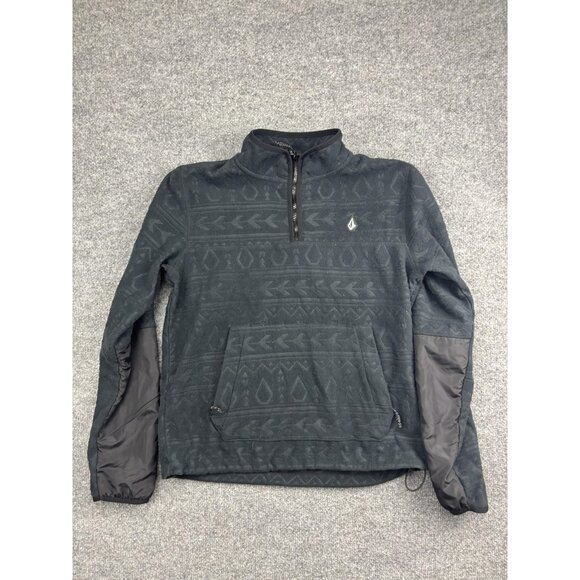 Volcom Fleece Sweater Mens Medium Black Gray Quarter Zip Pullover Aztec Pattern - Picture 1 of 6